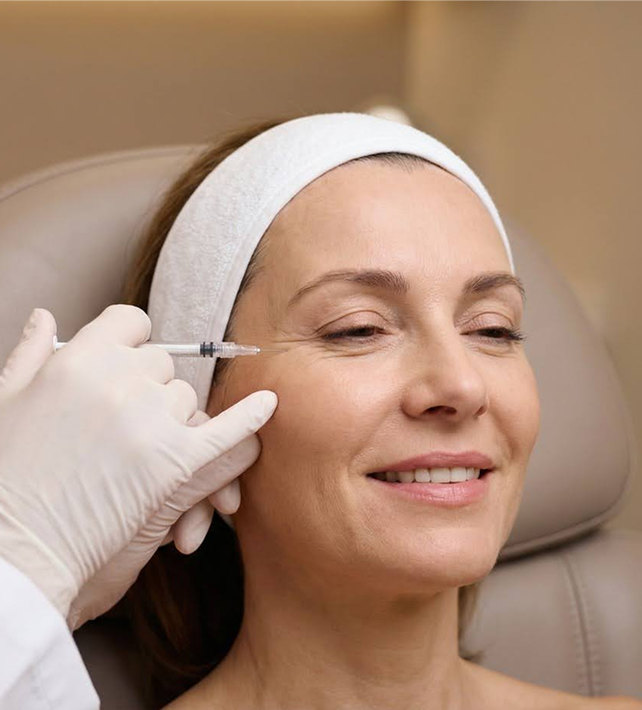 A provider in gloves placing a fine needle injection beside the eye of a smiling woman in a treatment chair