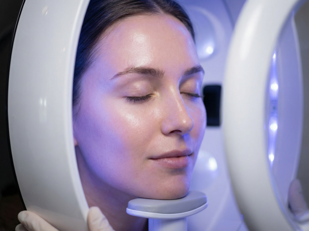 A client relaxing with her eyes closed under a curved LED light therapy panel