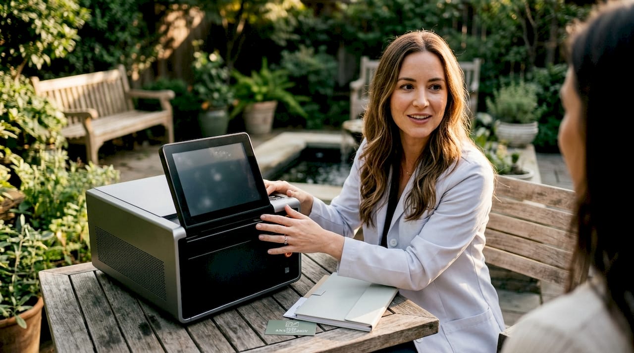 Dermatologist operating CO2 laser device in clinic